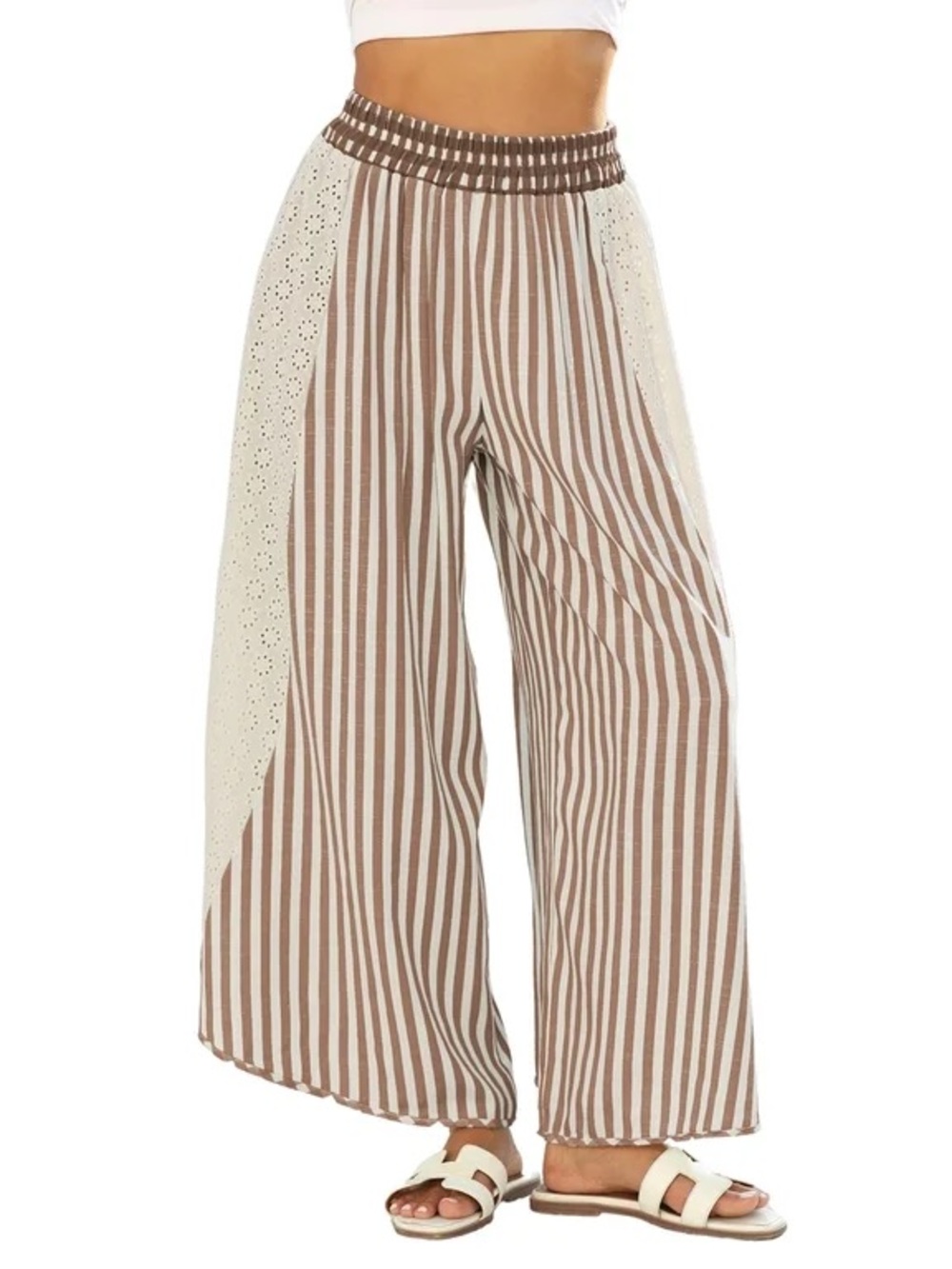 Amazon Striped Wide-Leg Palazzo Pants in Cream & Brown